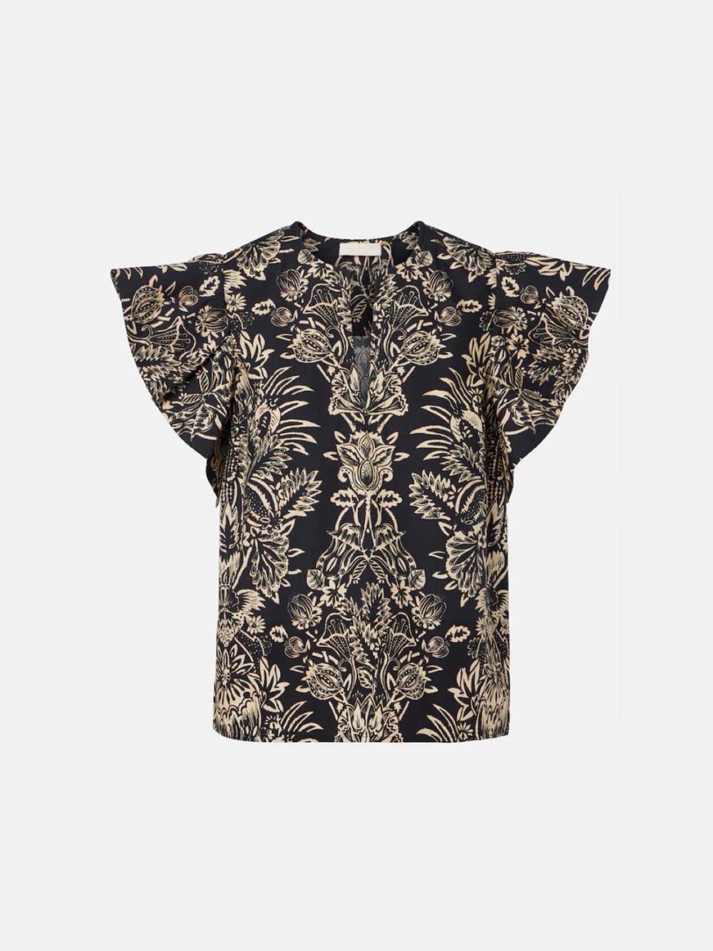 Ulla Johnson Floral Print Flutter Sleeve Top in Black and Cream